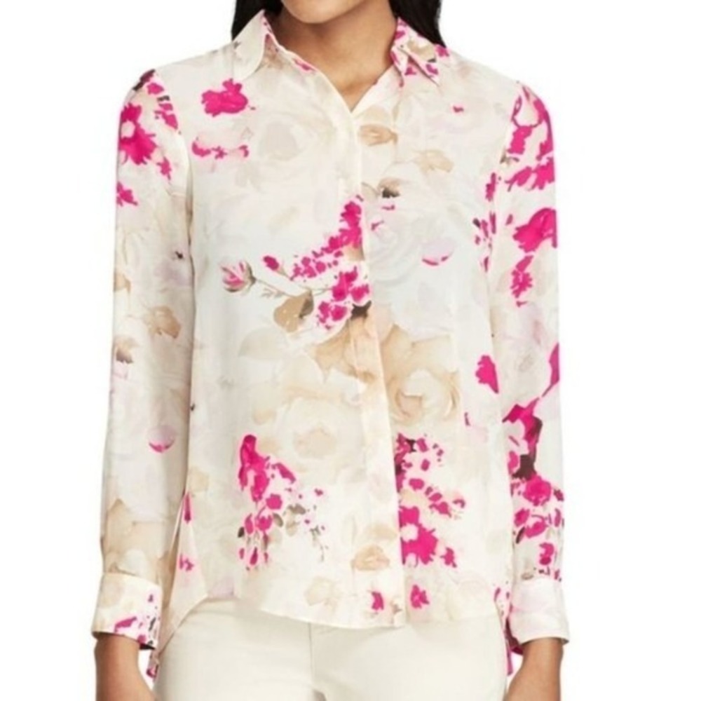Chaps Womens Pink‎ Floral Button Down Shirt Pleated Back Blouse Feminine 3XNew - Picture 3 of 11